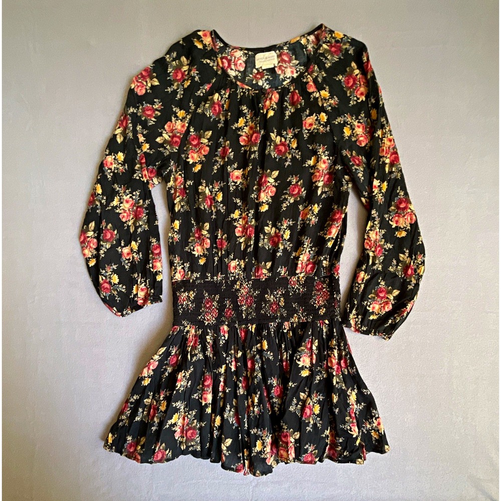 Denim & Supply Women's Black Floral Fit & Flare Smocked Waist Dress Size  L